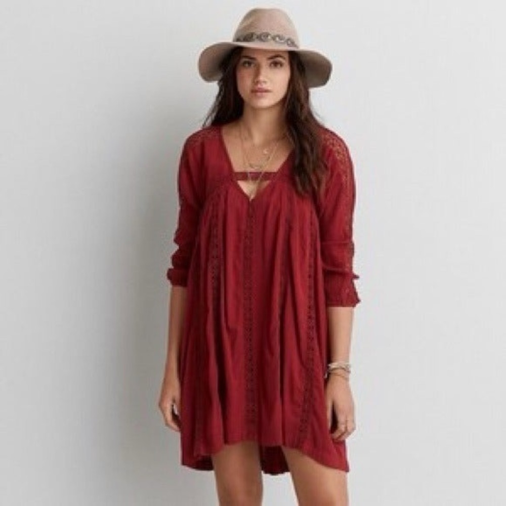 Maroon Peasant Casual Dress